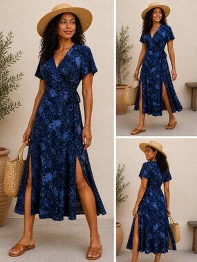 Marine Layer Blue Floral Wrap Dress Midi Side Slits Tie Waist Lightweight Flowy